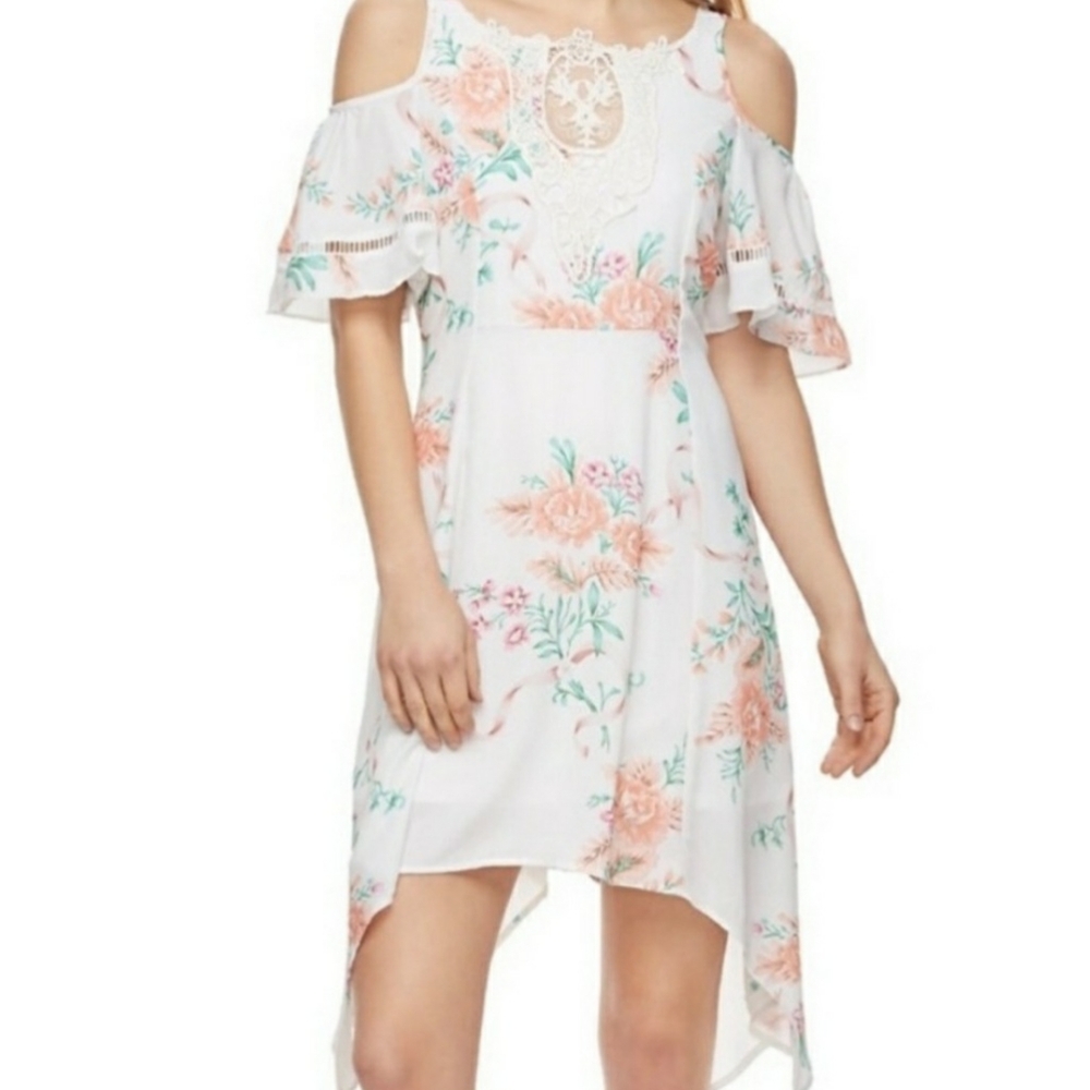 Disney Beauty and the Beast Floral Asymmetrical Dress Open Shoulder Flowy Size S